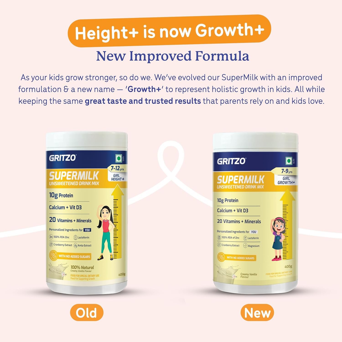 Gritzo SuperMilk Height+ (7-9y Girls), 10g Protein (Creamy Vanilla)