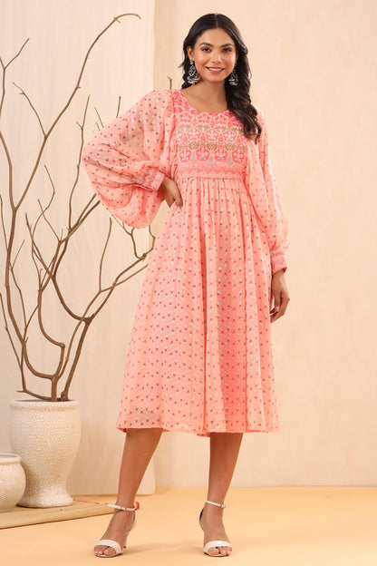 Juniper Women's Peach Ethnic Motif Printed Georgette Midi Dress With Sequins Work