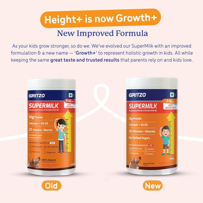 Gritzo SuperMilk Height+ (7-12y Boys), 10g Protein Powder - Double Chocolate