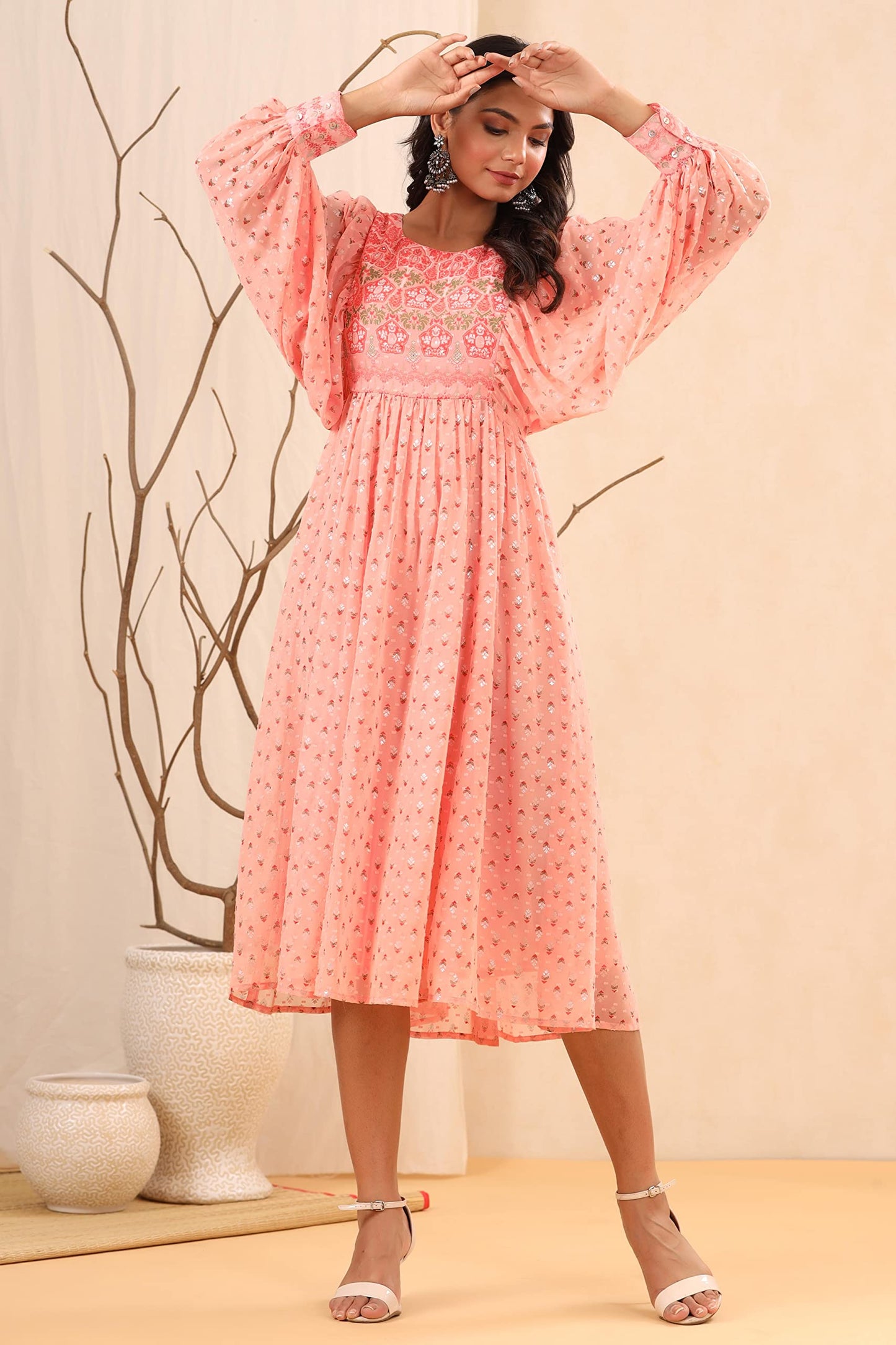 Juniper Women's Peach Ethnic Motif Printed Georgette Midi Dress With Sequins Work