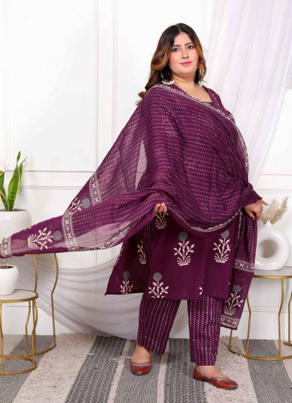 Miravan Women's Plus Size Cotton Fabric Purple Color Kurta With Palazzo And Dupatta