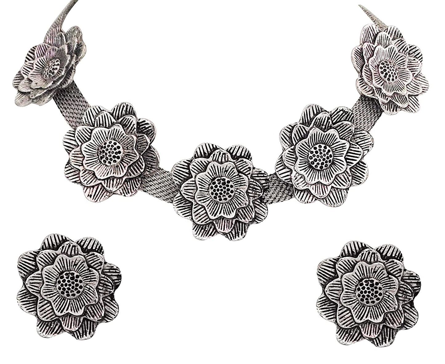 Silver-Plated Alloy Oxidised Rose Shape Necklace - The Pari
