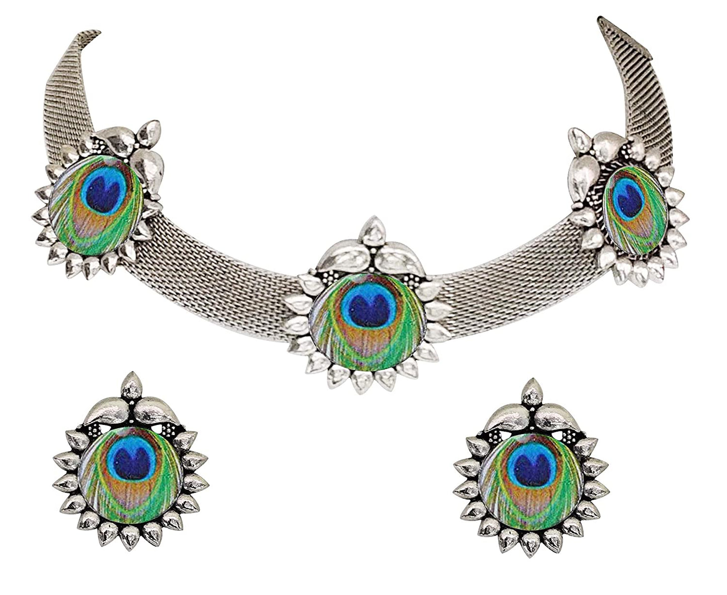 Silver-Plated Alloy Epoxy Peacock Oxidised Necklace - The Pari