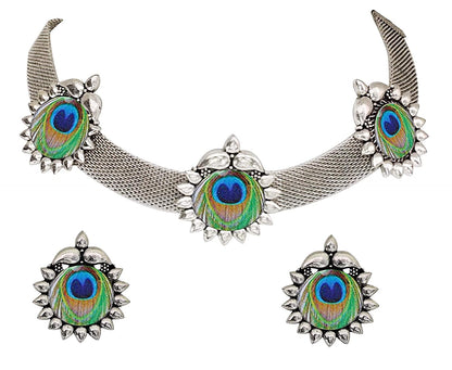 Silver-Plated Alloy Epoxy Peacock Oxidised Necklace - The Pari