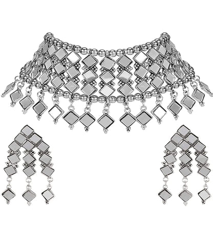 Silver-Plated Alloy Kundan Studded Oxidised Choker Necklace - The Pari