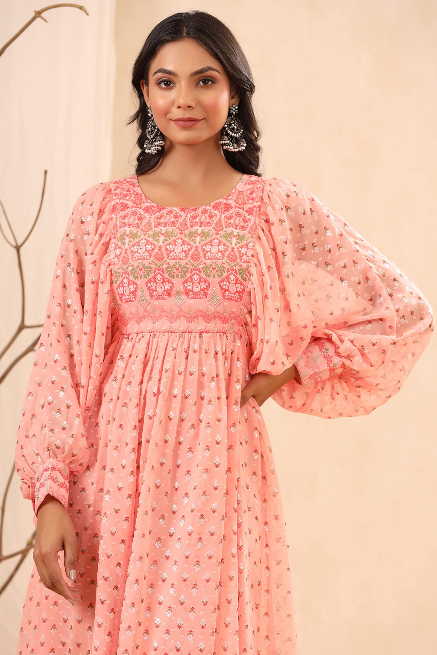 Juniper Women's Peach Ethnic Motif Printed Georgette Midi Dress With Sequins Work
