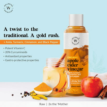Wellbeing Nutrition Organic Apple Cider Vinegar with 2X Mother - Amla, Turmeric, Cinnamon, and Black Pepper