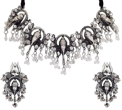 Silver-Plated Alloy Oxidised Ganesh Ji Shape Necklace - The Pari