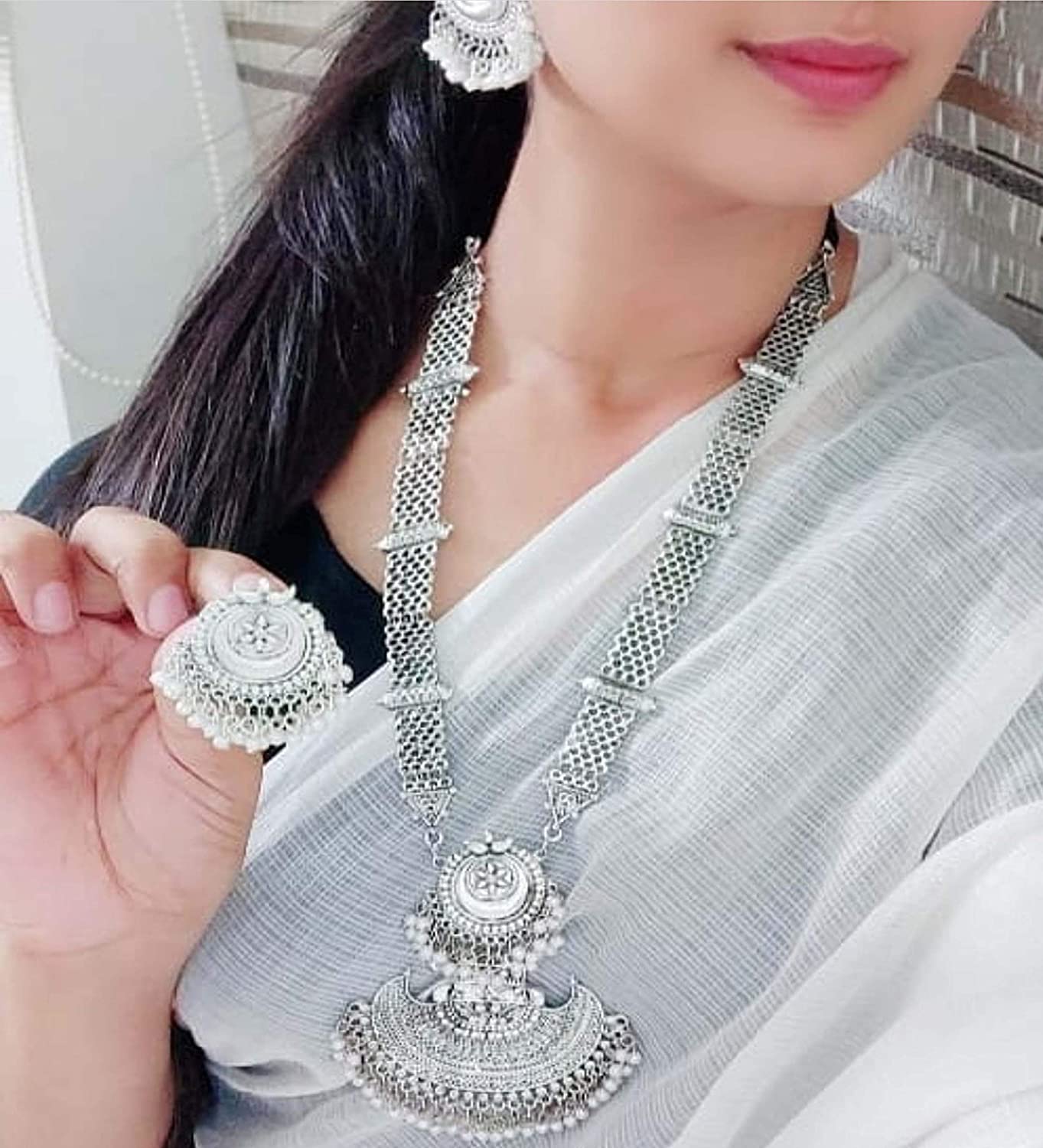 Silver-Plated Alloy Long Half Moon Oxidised Necklace - The Pari