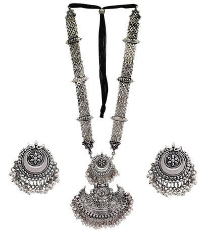 Silver-Plated Alloy Long Half Moon Oxidised Necklace - The Pari