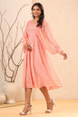 Juniper Women's Peach Ethnic Motif Printed Georgette Midi Dress With Sequins Work
