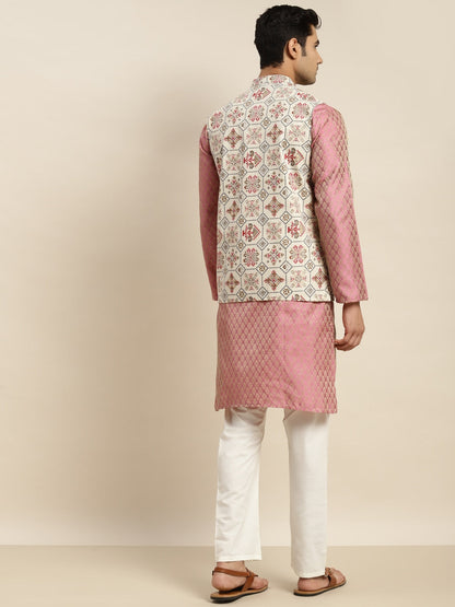 Sojanya Men Pink Ethnic Motifs Kurta with Churidar & Nehru Jacket