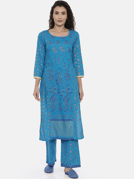 Souchii Turquoise Blue & Gold-Toned Floral Print Kurta with Palazzos