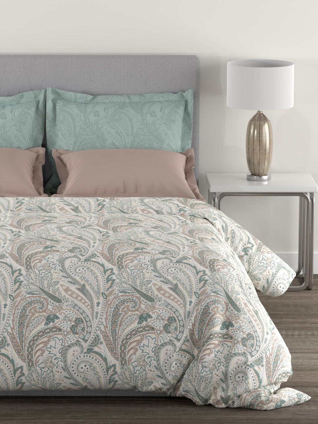 MYTRIDENT Green White Ethnic Motifs Cotton 144 TC Queen Bedsheet With 2 Pillow Covers