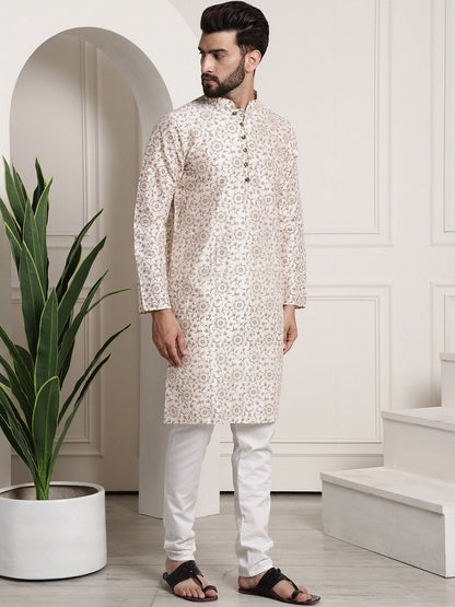 Sojanya Men Cream-Coloured & Brown Silk Cotton Printed Regular Kurta with Churidar