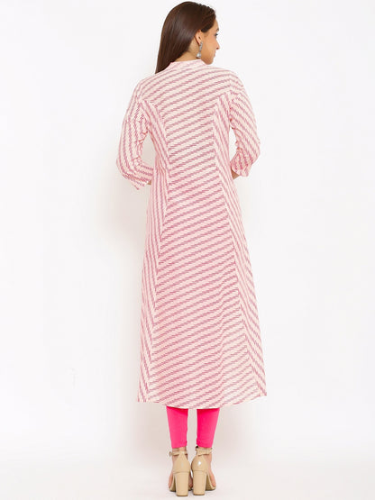 HERE&NOW Pink Mandarin Collar Striped A-Line Kurta