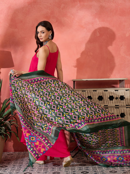 InWeave Fuchsia Strappy Kurta Set Green Patola Dupatta