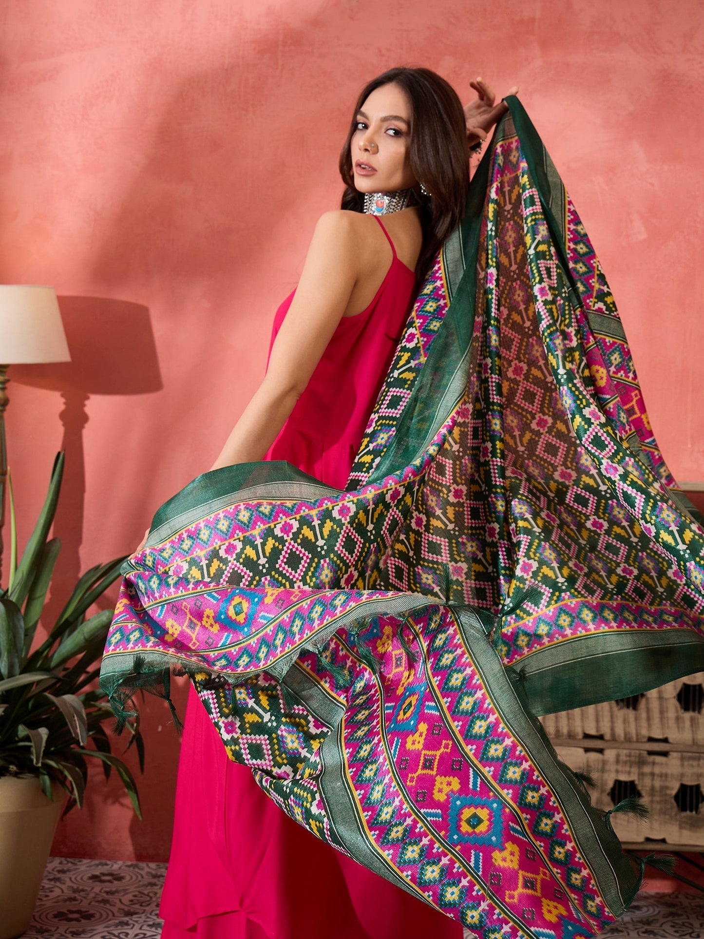 InWeave Fuchsia Strappy Kurta Set Green Patola Dupatta