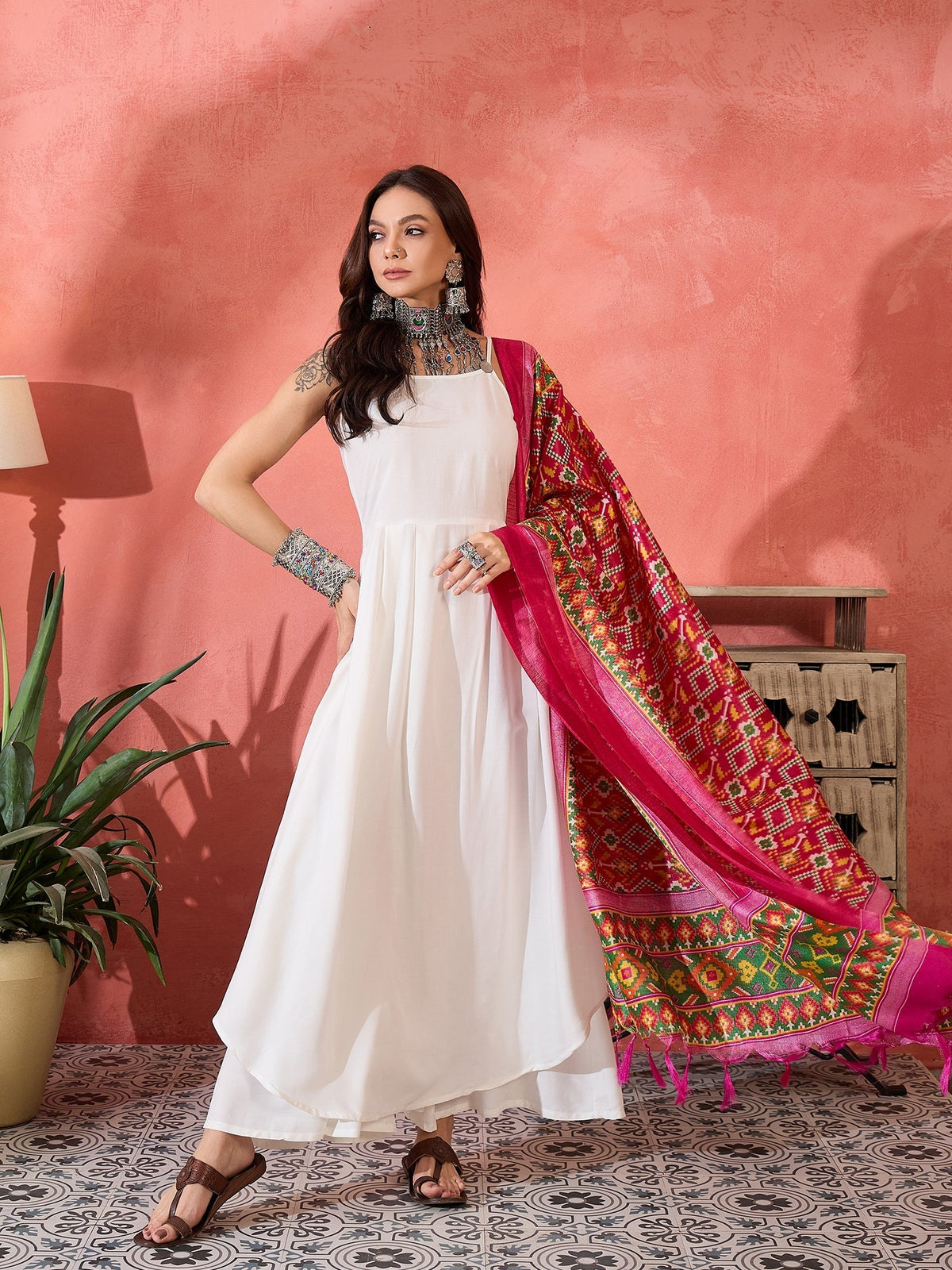 InWeave White Strappy Kurta Set Pink Patola Dupatta