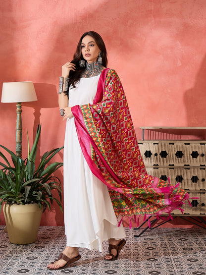 InWeave White Strappy Kurta Set Pink Patola Dupatta