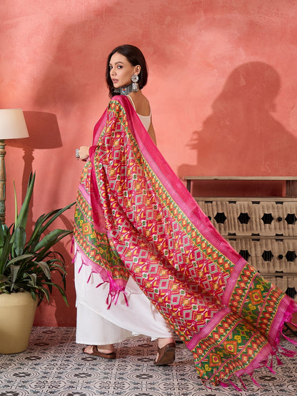 InWeave White Strappy Kurta Set Pink Patola Dupatta