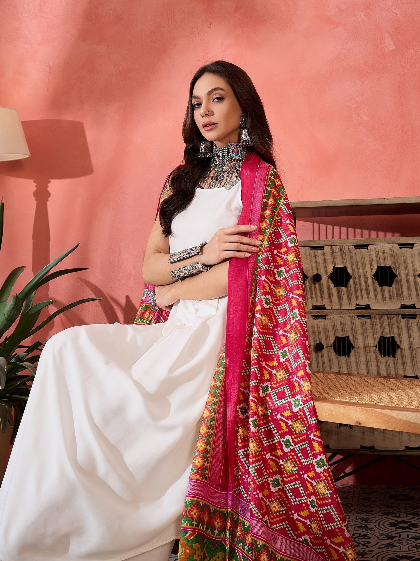InWeave White Strappy Kurta Set Pink Patola Dupatta
