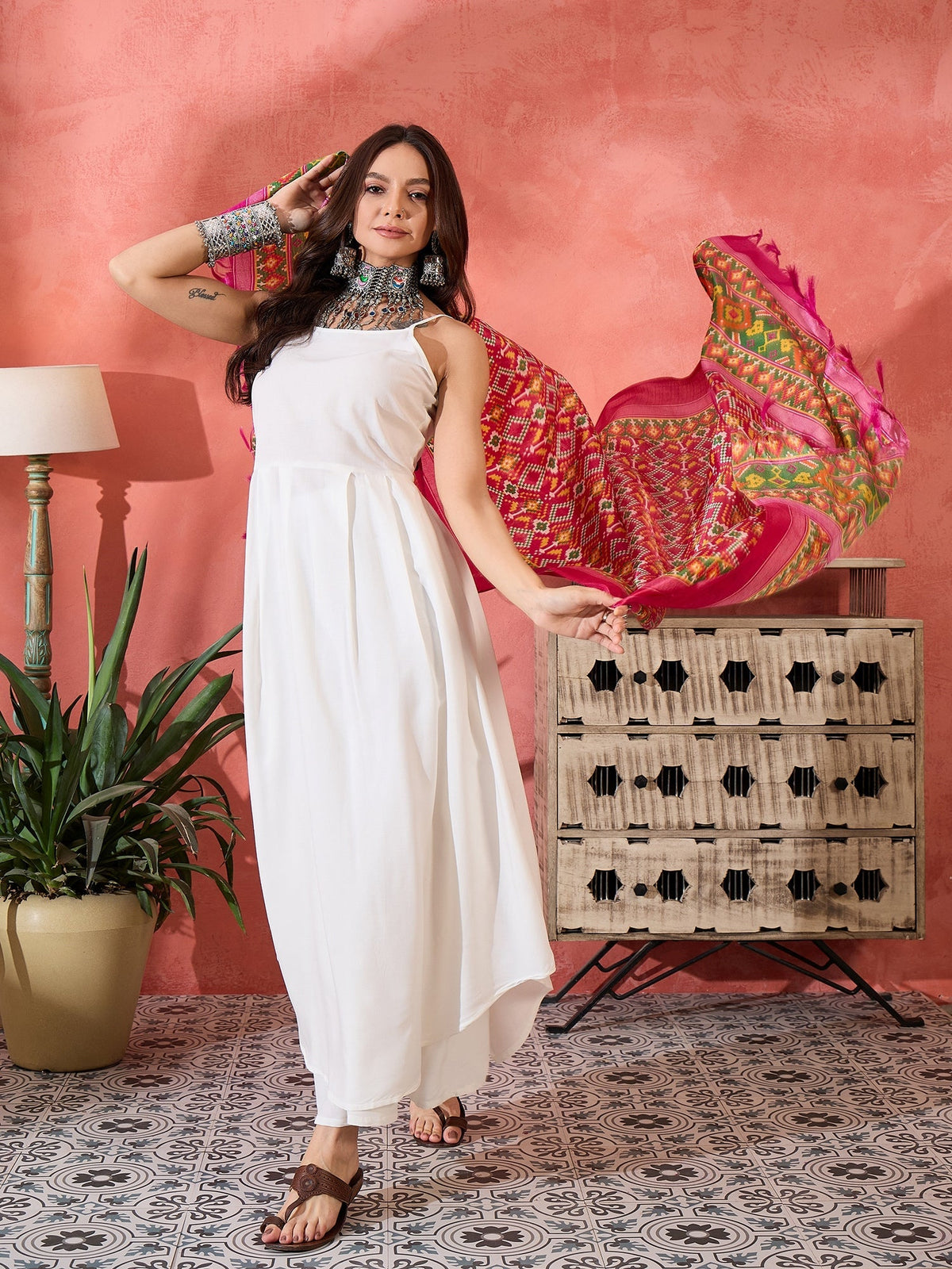 InWeave White Strappy Kurta Set Pink Patola Dupatta