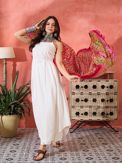 InWeave White Strappy Kurta Set Pink Patola Dupatta