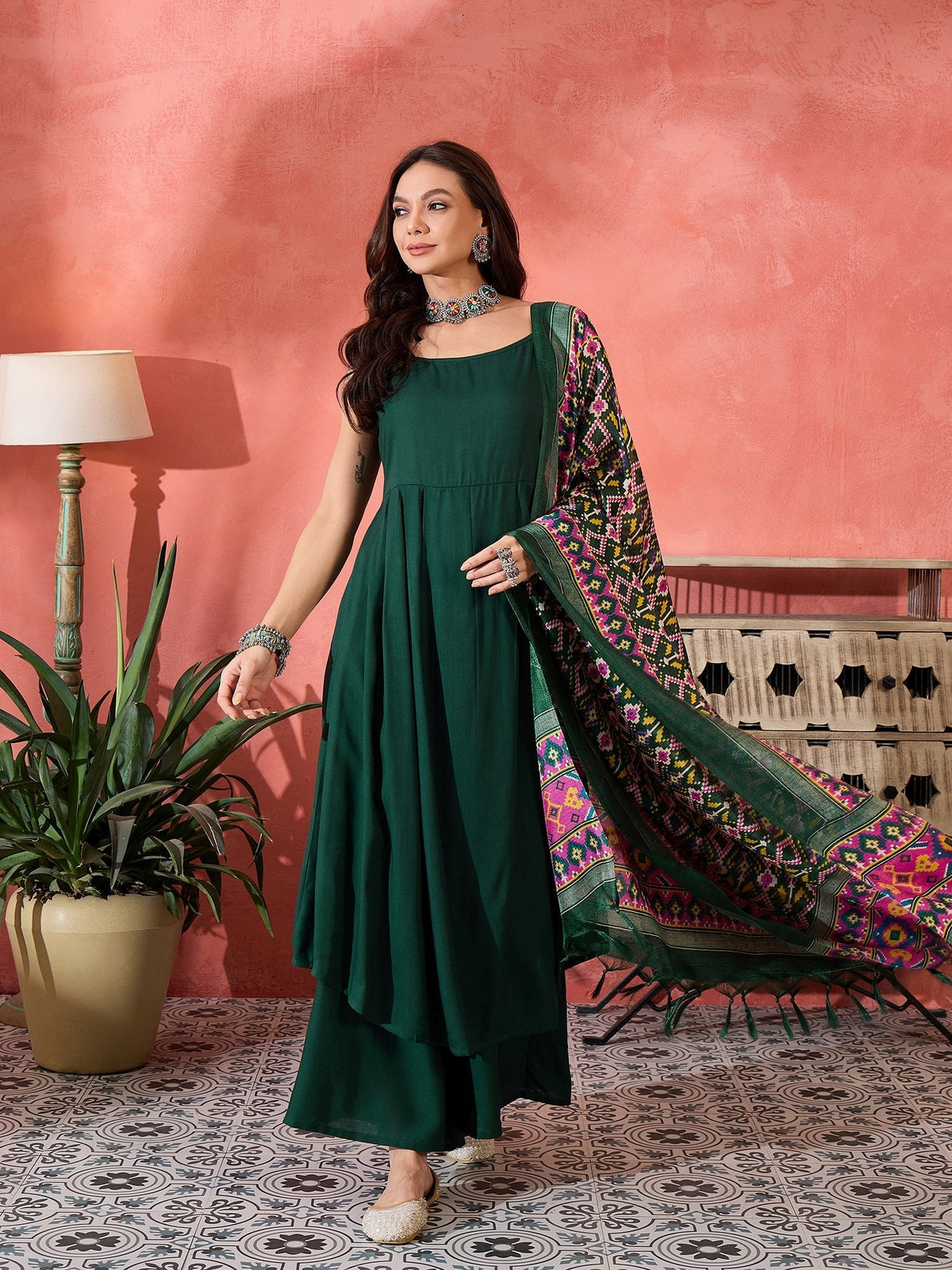 InWeave Green Strappy Kurta Set Green Patola Dupatta