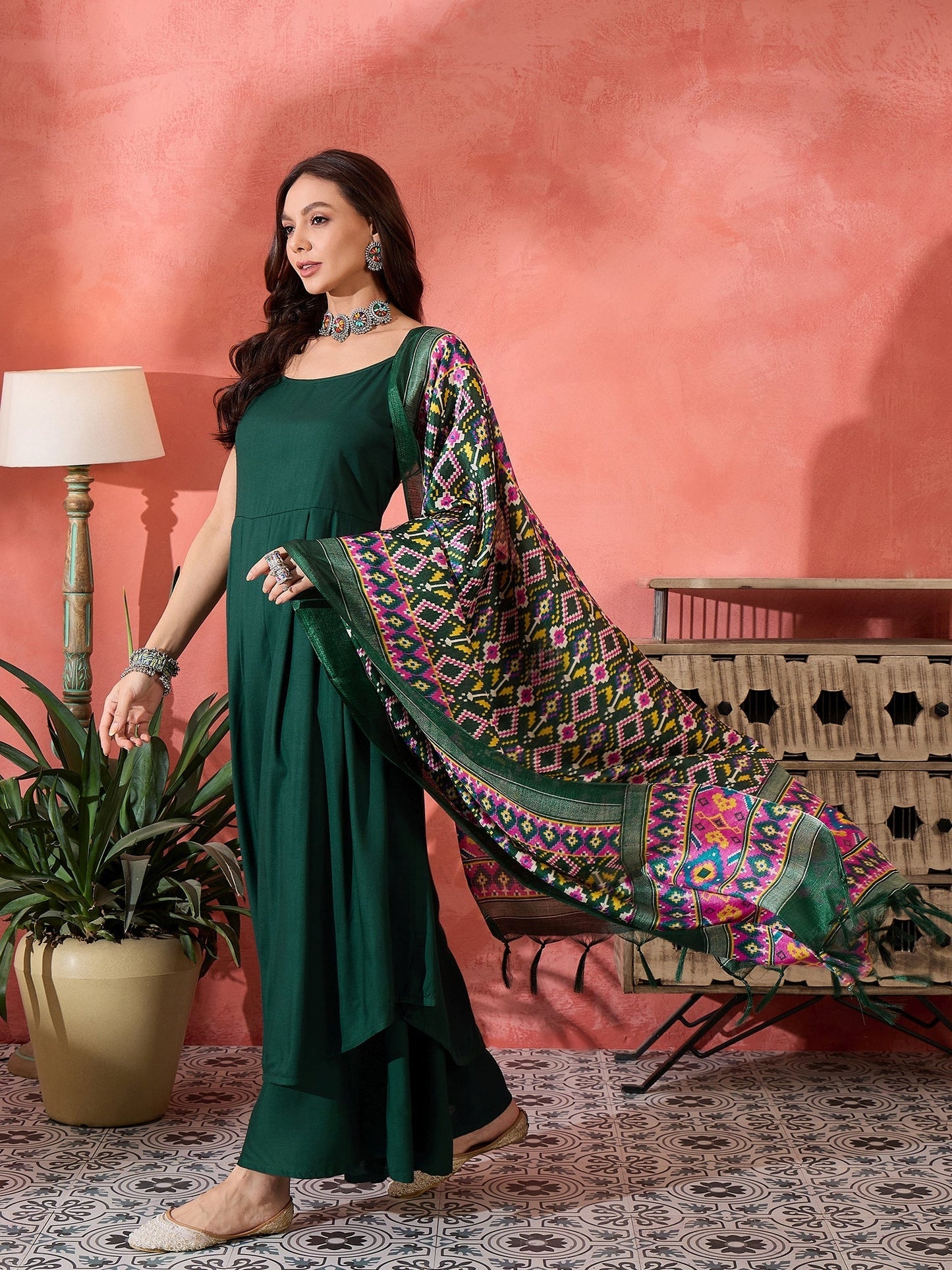 InWeave Green Strappy Kurta Set Green Patola Dupatta