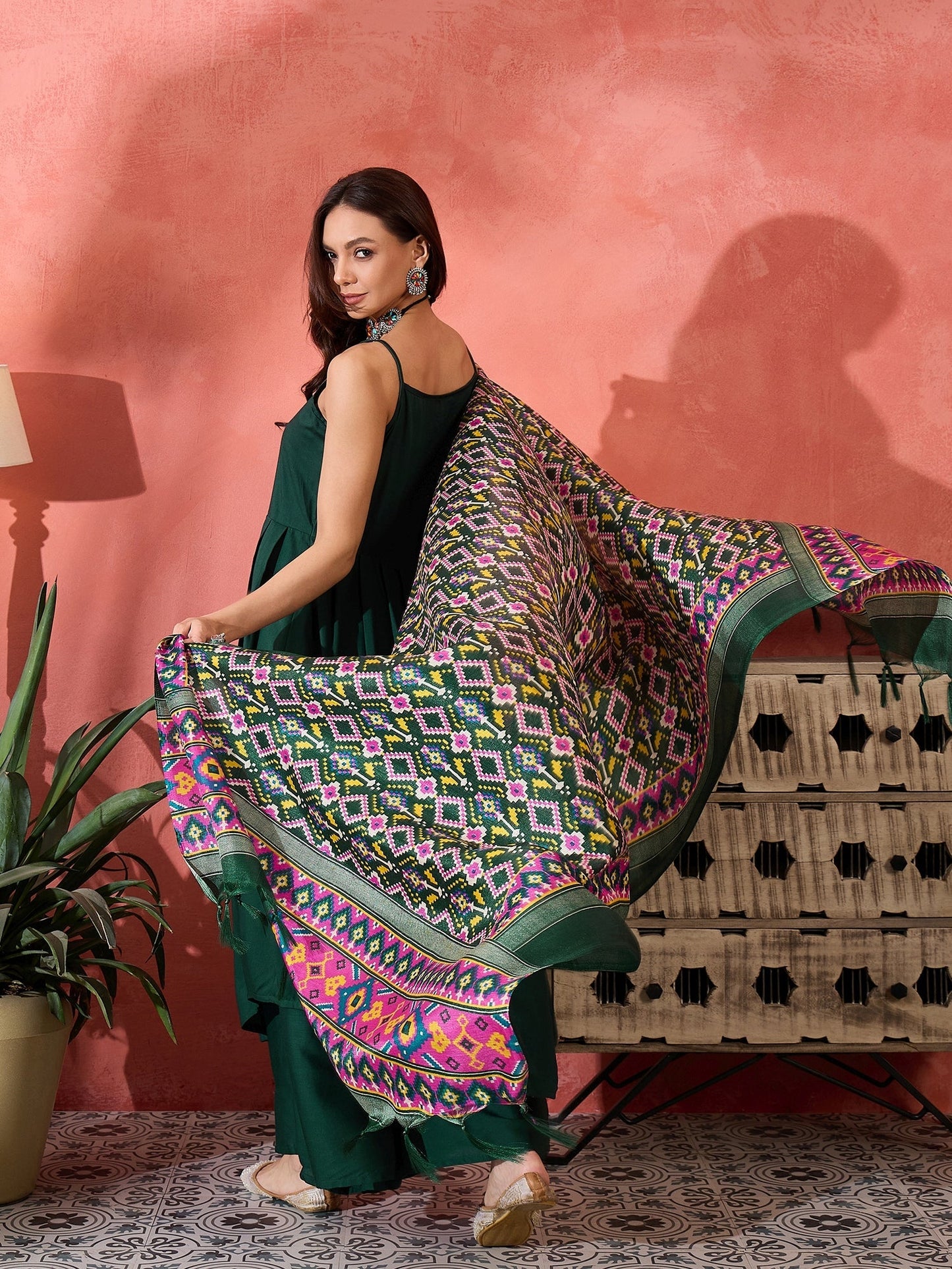 InWeave Green Strappy Kurta Set Green Patola Dupatta