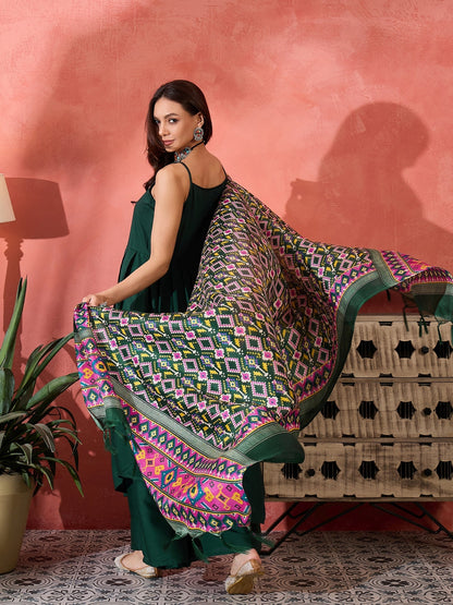 InWeave Green Strappy Kurta Set Green Patola Dupatta