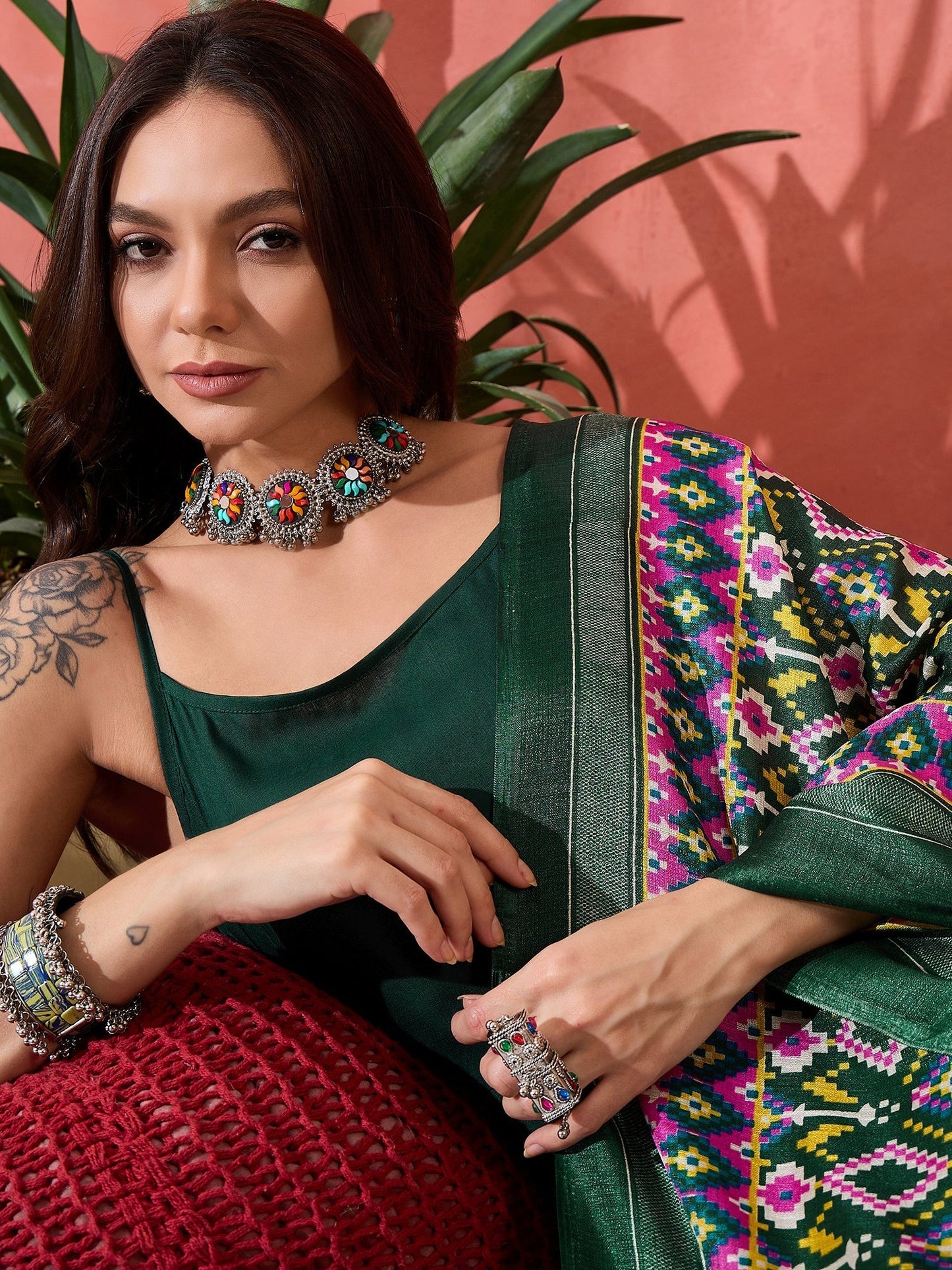 InWeave Green Strappy Kurta Set Green Patola Dupatta