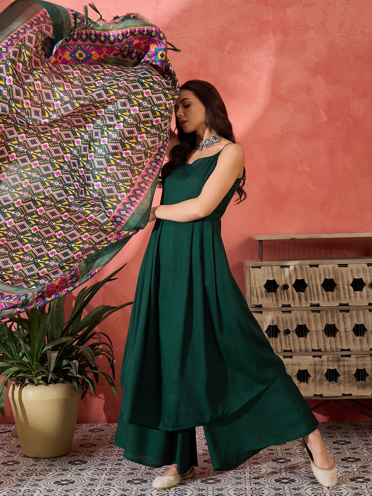 InWeave Green Strappy Kurta Set Green Patola Dupatta