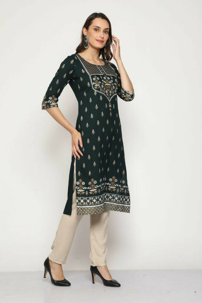 Maai Rayon Hand Printed Kurta Green