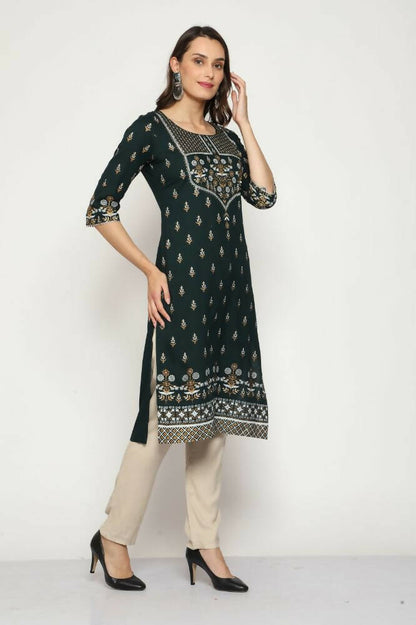 Maai Rayon Hand Printed Kurta Green