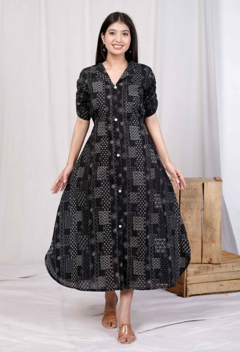 Miravan Women's Pure Cotton Black Floral Printed Front Button A-Line Midi Dress