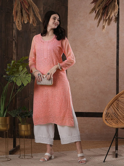 ADA Women Peach-Coloured Chikankari Hand Embroidered Straight Kota Handloom Kurta With Matching Slip