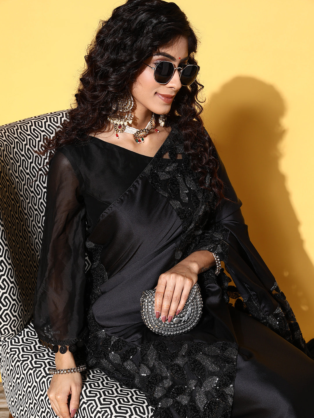 Tikhi Imli Black Floral Sequinned Satin Saree