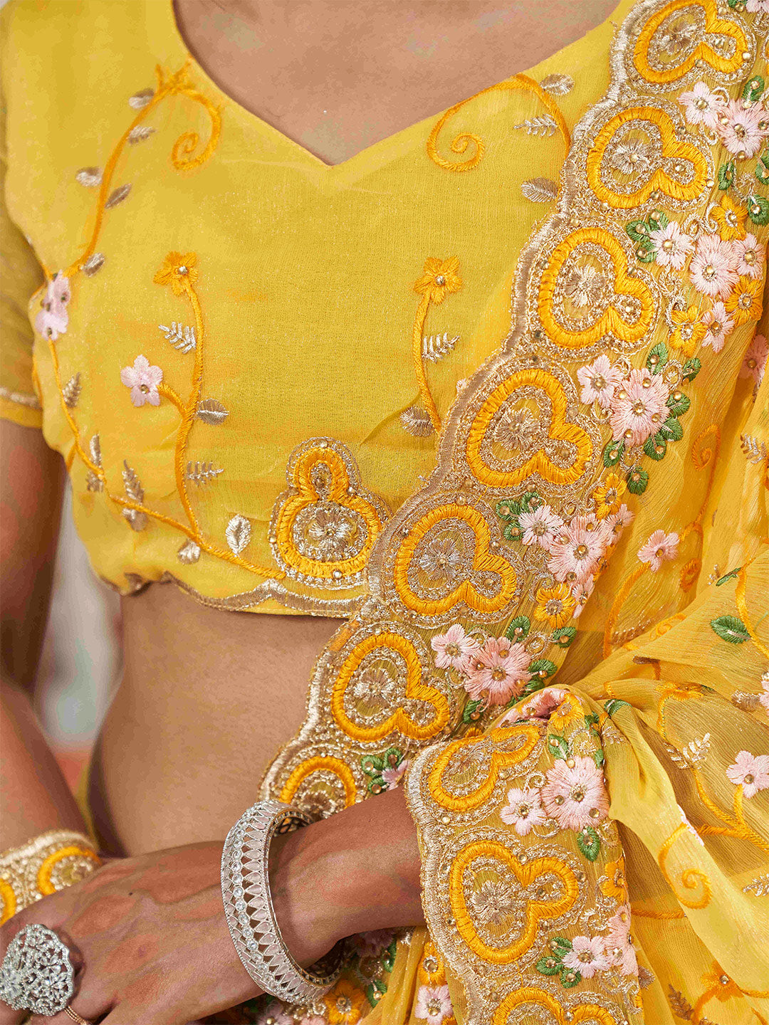 Tikhi Imli Yellow Ethnic Motifs Beads and Stones Embroidered Saree