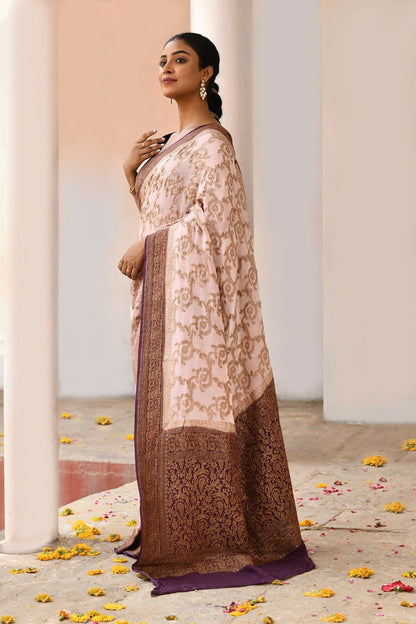 Joban Fashion Ivory Crepe Chiffon Pure Handloom Banarasi Silk Saree
