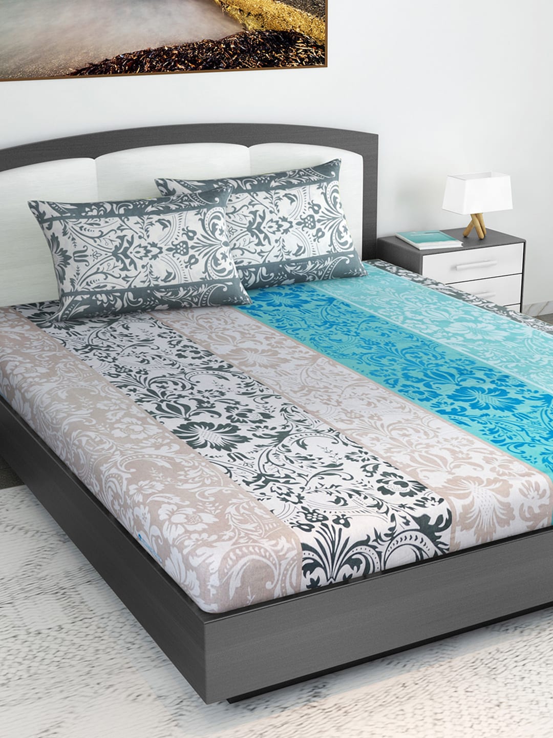 Divine Casa Blue & Grey Ethnic Motifs 120 TC Bedsheet with Pillow Covers