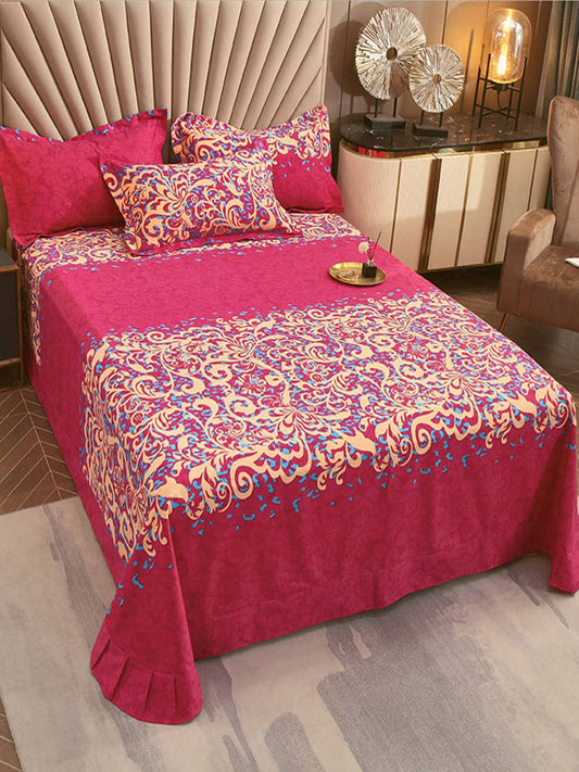 JC Collection Pink & Blue TC 240 Ethnic Motifs Cotton King Bedsheet with 2 Pillow Covers