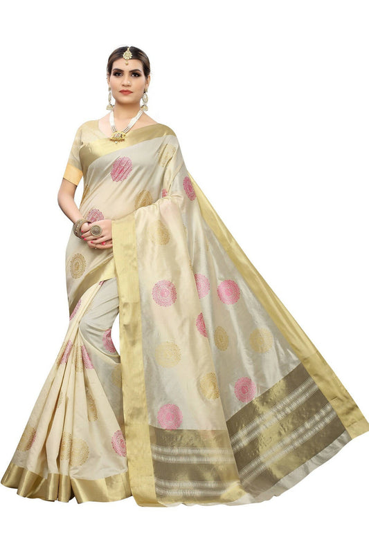 Vamika Cream Weaving Cotton Polyester Silk Saree (Kerala Bird Pink)