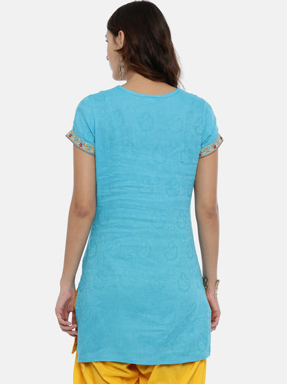 Souchii Blue Yoke Design Jacquard Straight Kurta