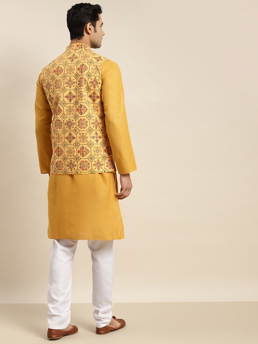 Sojanya Men Mustard Yellow Pure Cotton Kurta with Churidar & Nehru Jacket