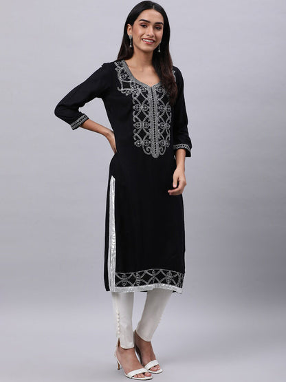 Souchii Women Black Ethnic Motifs Yoke Design Thread Work Kurta