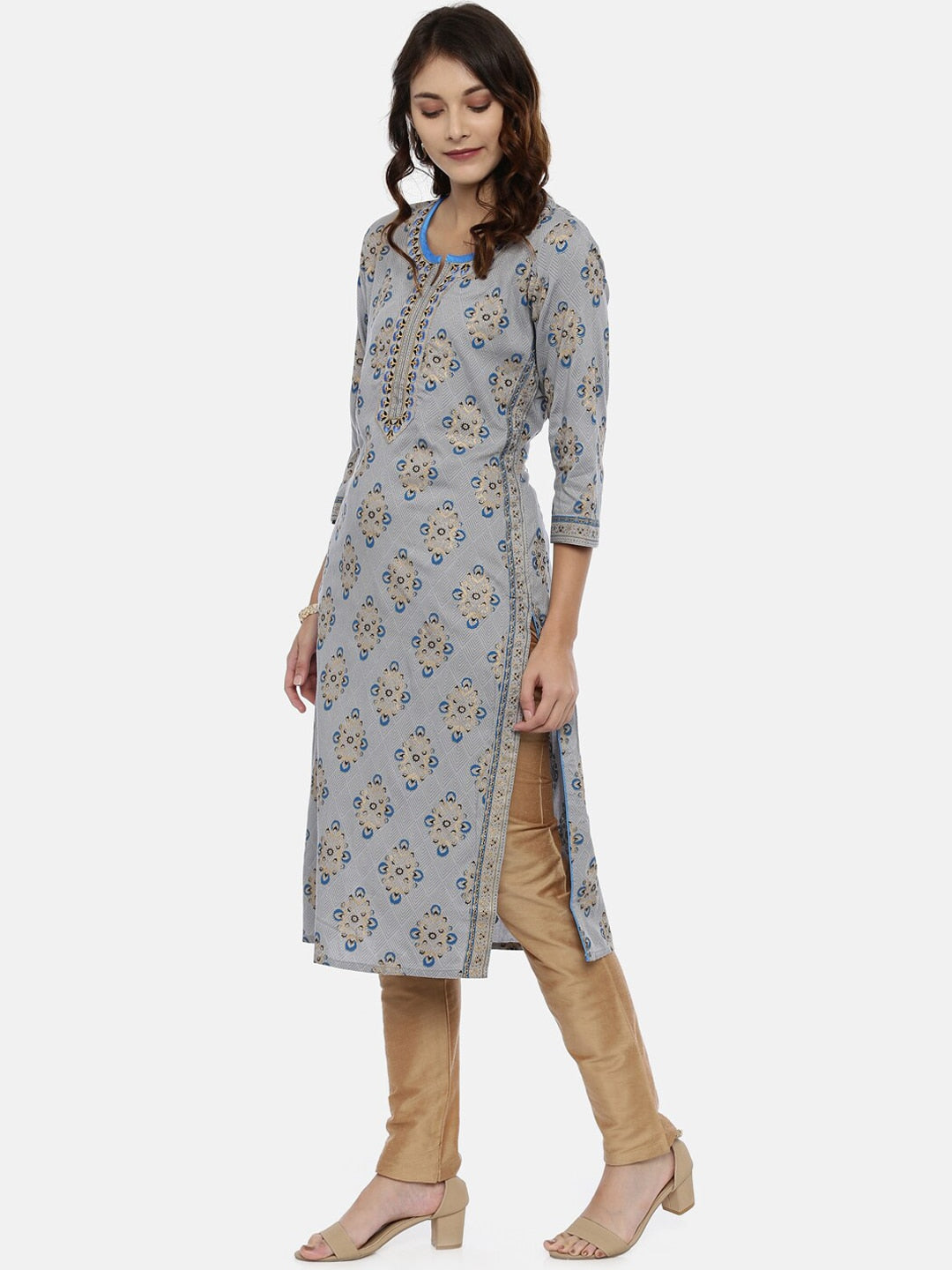Souchii Grey & Gold Printed Straight Kurta