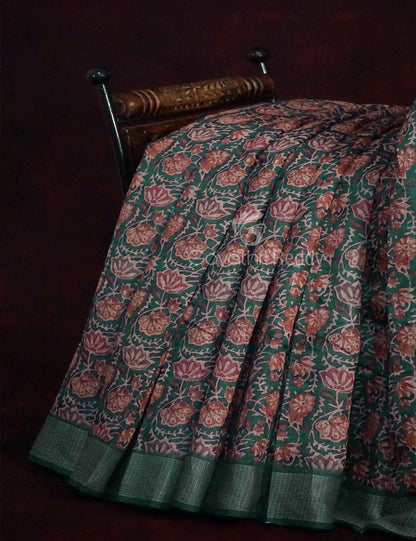 Light Green Lotus Print Semi Chanderi Saree By Gayathri Reddy Designer Studio