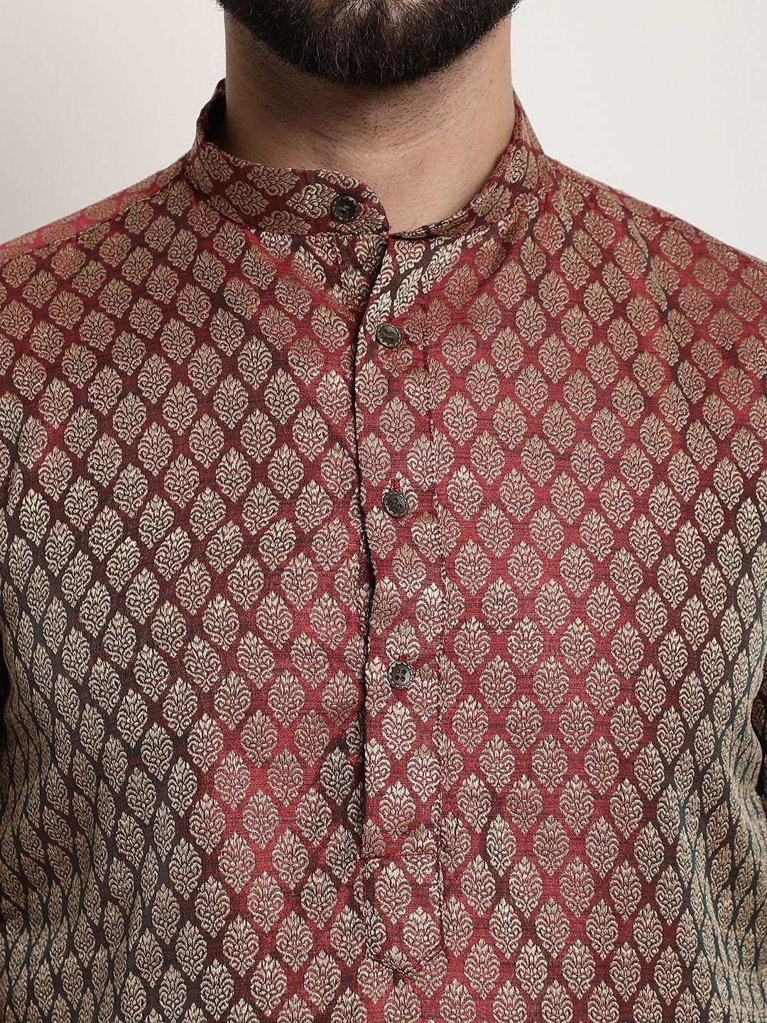 Sojanya Men Maroon & Golden Ethnic Motifs Jacquard Silk Kurta